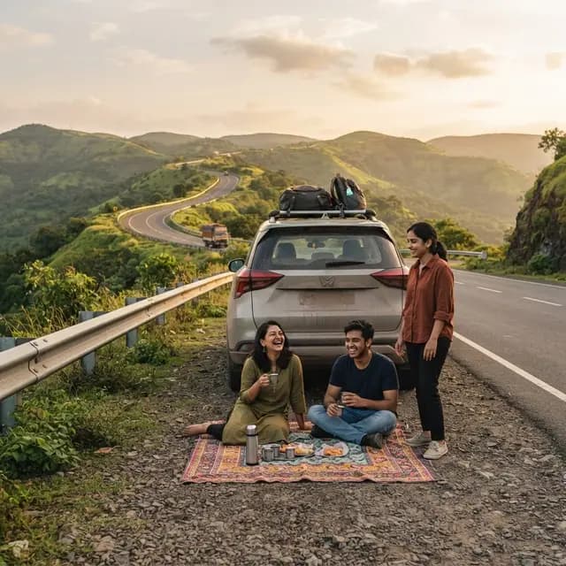 Friends taking a chai break beside their car on a long Maharashtra drive