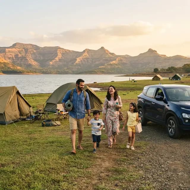 A family arriving at a Pawna Lake campsite with a self-drive car