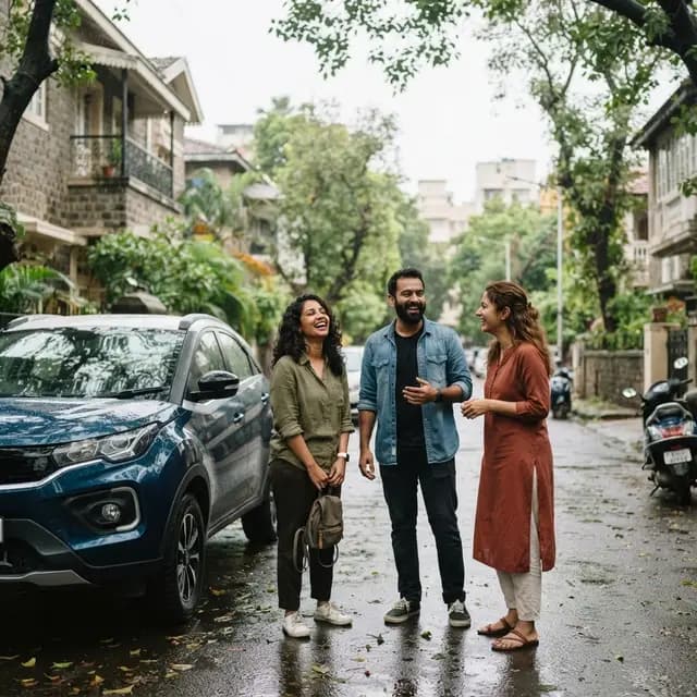 Friends meeting beside a self-drive car on a leafy Pune street after rain